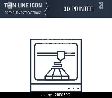 Symbole de l'icône ligne mince de l'imprimante 3D. Pictogramme de trait graphique adapté aux infographies. Contour vectoriel modifiable. Log laconique Uni mono linéaire Premium Illustration de Vecteur