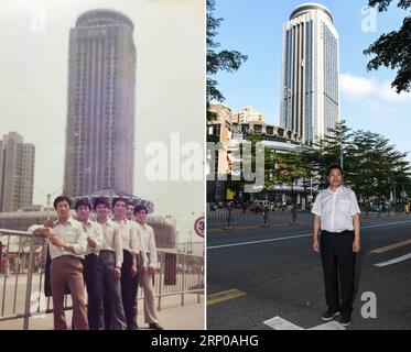 (180430) -- SHENZHEN, 30 avril 2018 -- dans la partie gauche de cette combinaison de photos, l'architecte d'intérieur Jia Jinxuan (3rd R) et ses collègues posent pour la photo avec le bâtiment Guomao, un projet auquel il a participé, à Shenzhen, dans la province du Guangdong du sud de la Chine en mars 1985; la partie droite montre Jia posant pour une photo près du même endroit le 26 avril 2018. Le bâtiment Guomao, achevé en 1985, est parmi les premiers gratte-ciel de Shenzhen. En quatre décennies, depuis que la Chine a entrepris la réforme et la politique d'ouverture, Shenzhen s'est transformée d'une petite ville agricole en un metropo moderne en plein essor Banque D'Images