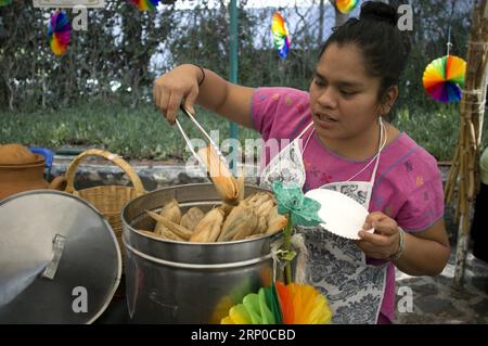(180505) -- MEXICO, 5 mai 2018 -- une photo prise le 4 mai 2018 montre une femme vendant des tamales au chocolat lors du Festival artisanal du chocolat et du cacao 2018, à Mexico, capitale du Mexique. (jg) (rtg) (wtc) MEXICO-MEXICO CITY-CHOCOLAT ET CACAO FESTIVAL AlejandroxAyala PUBLICATIONxNOTxINxCHN Banque D'Images