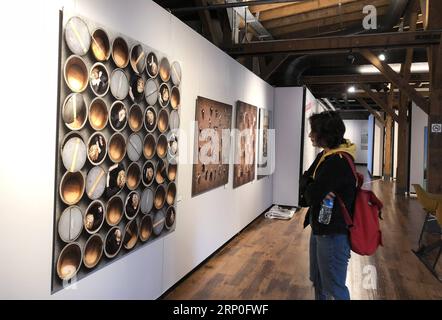 (180512) -- ISTANBUL, 12 mai 2018 -- Une femme voit des œuvres photographiques lors d'un festival de photographie à Istanbul, Turquie, le 11 mai 2018. Trois photographes de renommée mondiale se joignant à un festival de photographie à Istanbul ont exhorté les jeunes talents à développer leur propre identité tout au long de leur carrière et à devenir uniques dans leurs œuvres. TURQUIE-ISTANBUL-PHOTO FESTIVAL ZeynepxCermen PUBLICATIONxNOTxINxCHN Banque D'Images