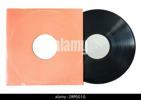 Disque vinyle dans une pochette d'album de papier orange sur fond blanc avec chemin de découpage Banque D'Images