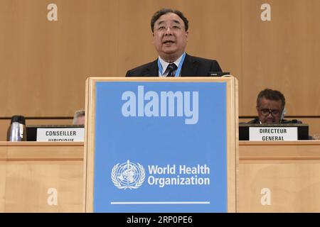 (180521) -- GENÈVE, le 21 mai 2018 -- Ma Xiaowei (Front), ministre de la Commission nationale de la Santé de la Chine, prend la parole à la 71e Assemblée mondiale de la Santé à Genève, Suisse, le 21 mai 2018. Ma a déclaré que la Chine était disposée à coopérer avec d'autres pays pour réduire l'injustice en matière de santé et améliorer les services de santé pour tous. SUISSE-GENÈVE-WHA-CHINE-MA XIAOWEI-SPEECH ALAINXGROSCLAUDE PUBLICATIONXNOTXINXCHN Banque D'Images