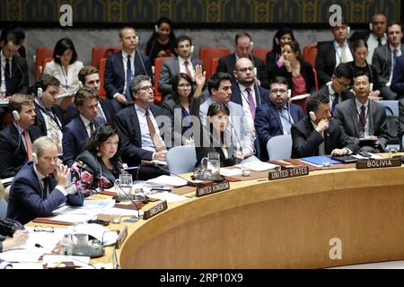 Actualités Themen der Woche KW22 Sitzung des un Sicherheitsrates (180601) -- NATIONS UNIES, 1 juin 2018 -- l'ambassadrice des États-Unis aux Nations Unies Nikki Haley (2e R, front) vote en faveur d'une résolution rédigée par les États-Unis sur la question de Palestine au siège de l'ONU à New York, le 1 juin 2018. Vendredi, le Conseil de sécurité des Nations Unies n'a pas réussi à adopter une résolution rédigée par les États-Unis sur la question de Palestine. ONU-CONSEIL DE SÉCURITÉ-RESOLUTION-PALESTINIENS-PROTECTION DÉFAILLANTE LIXMUZI PUBLICATIONXNOTXINXCHN Banque D'Images