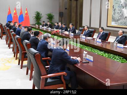 (180610) -- QINGDAO, le 10 juin 2018 -- le président chinois Xi Jinping rencontre son homologue mongol Khaltmaa Battulga à Qingdao, dans la province du Shandong de l est de la Chine, le 10 juin 2018.) (LMM) (SOMMET DE L'OCS) CHINE-QINGDAO-XI JINPING-MONGOLIA-KHALTMAA BATTULGA-MEETING (CN) GAOXJIE PUBLICATIONXNOTXINXCHN Banque D'Images