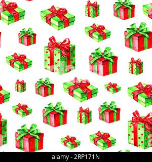 motif sans couture de noël. Boîtes-cadeaux à l'aquarelle dessinées à la main. Banque D'Images