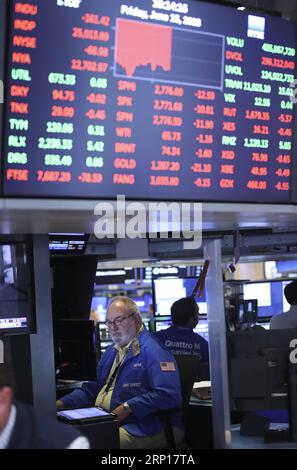 (180615) -- NEW YORK, le 15 juin 2018 -- les commerçants travaillent à la Bourse de New York, aux États-Unis, le 15 juin 2018. Les actions américaines ont ouvert nettement en baisse vendredi. Peu de temps après la cloche d'ouverture, la moyenne industrielle du Dow Jones a diminué de 160,41 points, ou 0,64 pour cent, à 25 014,90. Le S&P 500 a diminué de 10,52 points, soit 0,38 %, pour atteindre 2 771,97 points. L’indice composite Nasdaq a effacé 39,12 points, soit 0,50 %, à 7 721,92. )(rh) U.S.-NEW YORK-STOCKS WangxYing PUBLICATIONxNOTxINxCHN Banque D'Images