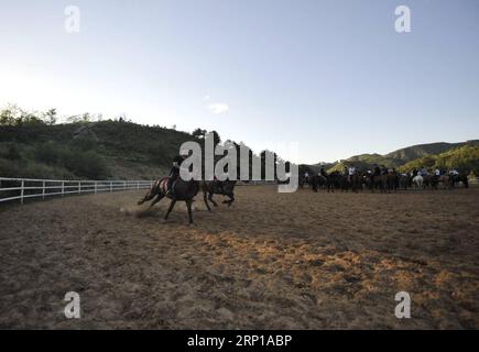 (180621) -- CHENGDE, 21 juin 2018 -- les cavaliers qui participent à une représentation historique en direct suivent une formation équestre dans le district de Shuangluan de Chengde, province du Hebei, dans le nord de la Chine, le 20 juin 2018.) (lmm) CHINA-HEBEI-PERFORMANCE-EQUESTRIANISM-TRAINING (CN) WangxLiqun PUBLICATIONxNOTxINxCHN Banque D'Images