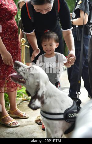 (180624) -- GUANGZHOU, 24 juin 2018 -- Un enfant tente de toucher un chien détecteur à la douane de Guangzhou à Guangzhou, capitale de la province du Guangdong du sud de la Chine, le 24 juin 2018. La douane de Guangzhou et le Palais des enfants n ° 2 de Guangzhou ont organisé dimanche conjointement la journée portes ouvertes pour que les enfants apprennent à connaître la lutte contre le trafic de drogue. (Yxb) CHINE-GUANGZHOU-CHIENS RENIFLEUR DE DROGUE (CN) LiangxXu PUBLICATIONxNOTxINxCHN Banque D'Images