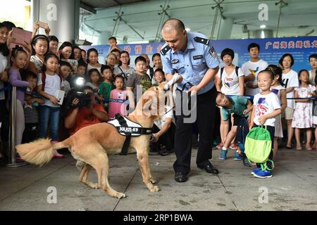 (180624) -- GUANGZHOU, 24 juin 2018 -- des enfants regardent la détection d'un chien renifleur de drogue à la douane de Guangzhou, capitale de la province du Guangdong du sud de la Chine, le 24 juin 2018. La douane de Guangzhou et le Palais des enfants n ° 2 de Guangzhou ont organisé dimanche conjointement la journée portes ouvertes pour que les enfants apprennent à connaître la lutte contre le trafic de drogue. (Yxb) CHINE-GUANGZHOU-CHIENS RENIFLEUR DE DROGUE (CN) LiangxXu PUBLICATIONxNOTxINxCHN Banque D'Images