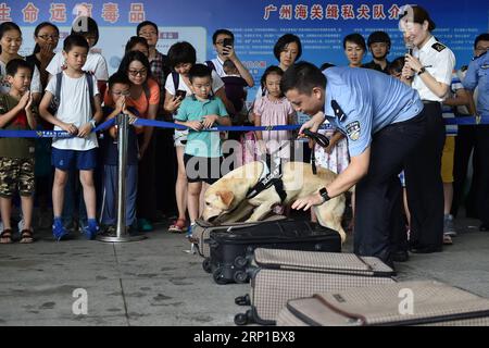 (180624) -- GUANGZHOU, 24 juin 2018 -- des enfants observent la détection d'un chien à la douane de Guangzhou à Guangzhou, capitale de la province du Guangdong du sud de la Chine, le 24 juin 2018. La douane de Guangzhou et le Palais des enfants n ° 2 de Guangzhou ont organisé dimanche conjointement la journée portes ouvertes pour que les enfants apprennent à connaître la lutte contre le trafic de drogue. (Yxb) CHINE-GUANGZHOU-CHIENS RENIFLEUR DE DROGUE (CN) LiangxXu PUBLICATIONxNOTxINxCHN Banque D'Images