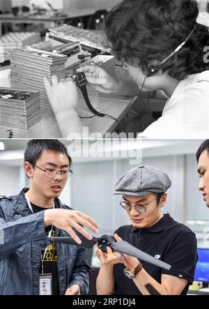 (180628) -- SHENZHEN, 28 juin 2018 -- la partie supérieure (fichier) de cette photo combinée prise par Li Changyong montre un ouvrier produisant une montre électronique dans une usine de Shenzhen, dans la province du Guangdong du sud de la Chine. La partie inférieure de la photo combinée prise par le 22 mai 2015 montre le fondateur de Da-Jiang innovations (DJI) Wang Tao (C) discutant avec le personnel de recherche à Shenzhen. Cette année marque le 40e anniversaire de la politique de réforme et d ouverture de la Chine. Au cours des quatre dernières décennies, Shenzhen est passée d'un petit village de pêcheurs à une métropole. (MCG) CHINE-GUANGDONG-SHENZHEN-DÉVELOPPEMENT-COMPARAISON (CN Banque D'Images