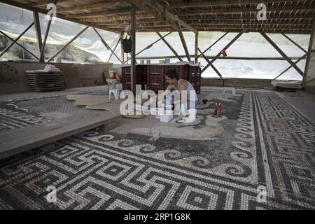 (180704) -- VERGINA (GRÈCE), 4 juillet 2018 -- Un restaurateur restaure une mosaïque ancienne au palais Aigai, à Vergina, en Grèce, le 4 juillet 2018. Le palais Aigai, l'un des bâtiments les plus grands et les plus importants de la Grèce classique, a été récemment ouvert au public. GRÈCE-VERGINA-AIGAI PALACE DimitrisxTosidis PUBLICATIONxNOTxINxCHN Banque D'Images