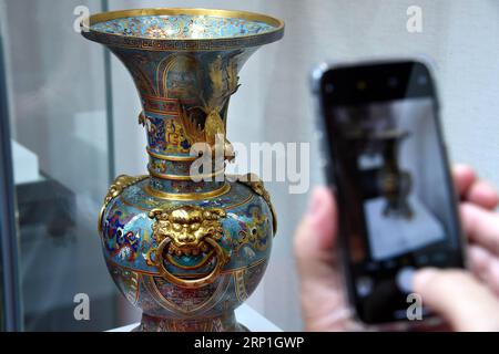 (180706) -- QINGDAO, le 6 juillet 2018 -- un visiteur prend une photo d'un vaisseau émaillé de la cour royale au cours d'une exposition de reliques culturelles du musée du palais qui s'est tenue au musée d'art de Qingdao à Qingdao, dans la province du Shandong de l'est de la Chine, le 6 juillet 2018. L'exposition a été ouverte gratuitement au public vendredi et durera jusqu'au 28 juillet. ) (Sxk) CHINE-SHANDONG-QINGDAO-EXPOSITION DE RELIQUES CULTURELLES (CN) LixZiheng PUBLICATIONxNOTxINxCHN Banque D'Images