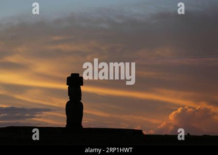 (180708) -- HANGA ROA, 8 juillet 2018 -- une photo prise le 7 juillet 2018 montre une vue d'une statue de pierre Moai au coucher du soleil sur l'île de Pâques au Chili. (dtf) CHILI-ÎLE DE PÂQUES-MOAI-COUCHER DE SOLEIL WangxPei PUBLICATIONxNOTxINxCHN Banque D'Images