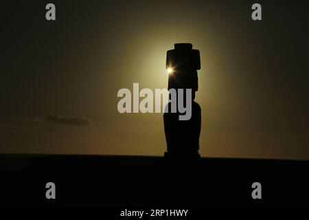 (180708) -- HANGA ROA, 8 juillet 2018 -- une photo prise le 7 juillet 2018 montre une vue d'une statue de pierre Moai au coucher du soleil sur l'île de Pâques au Chili. (dtf) CHILI-ÎLE DE PÂQUES-MOAI-COUCHER DE SOLEIL WangxPei PUBLICATIONxNOTxINxCHN Banque D'Images