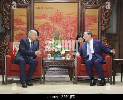 (180709) -- PÉKIN, le 9 juillet 2018 -- le vice-président chinois Wang Qishan (à droite, avant) rencontre le secrétaire général de la Ligue arabe (AL) Ahmed Aboul-Gheit à Pékin, capitale de la Chine, le 9 juillet 2018.) (LMM) CHINE-BEIJING-WANG QISHAN-LIGUE ARABE-SECRÉTAIRE GÉNÉRAL-RÉUNION (CN) DINGXLIN PUBLICATIONXNOTXINXCHN Banque D'Images