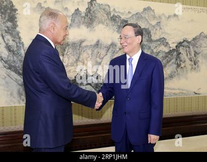 (180709) -- PÉKIN, le 9 juillet 2018 -- le vice-président chinois Wang Qishan (à droite) rencontre le secrétaire général de la Ligue arabe (AL), Ahmed Aboul-Gheit, à Pékin, capitale de la Chine, le 9 juillet 2018. (LMM) CHINE-BEIJING-WANG QISHAN-LIGUE ARABE-SECRÉTAIRE GÉNÉRAL-RÉUNION (CN) DINGXLIN PUBLICATIONXNOTXINXCHN Banque D'Images