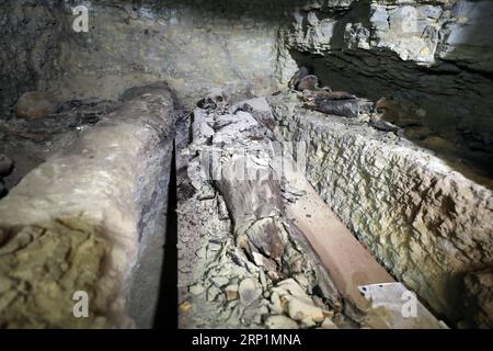 (180714) -- GIZEH, 14 juillet 2018 -- Une momie est vue à l'intérieur de la chambre funéraire récemment découverte près de la nécropole de Saqqara à Gizeh, en Égypte, le 14 juillet 2018. Une mission égypto-allemande a découvert au moins 35 momies dans un cimetière datant de 700 av. J.-C. dans la province sud-ouest de Gizeh, a déclaré samedi le ministre des Antiquités. Un autre atelier de momification, Saqqara, a également été découvert sur le site, qui était connu comme l'ancien cimetière en Égypte. (Zjl) ÉGYPTE-GIZEH-archéologie AhmedxGomaa PUBLICATIONxNOTxINxCHN Banque D'Images