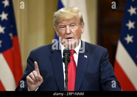 (180716) -- HELSINKI, le 16 juillet 2018 -- le président américain Donald Trump s'exprime lors d'une conférence de presse conjointe avec le président russe Vladimir Poutine (absent de la photo) à Helsinki, Finlande, le 16 juillet 2018. Donald Trump et Vladimir Poutine ont commencé leur première réunion bilatérale lundi. FINLANDE-HELSINKI-États-Unis-TRUMP-RUSSIE-POUTINE-CONFÉRENCE DE PRESSE Lehtikuva/AnttixAimo-Koivisto PUBLICATIONxNOTxINxCHN Banque D'Images