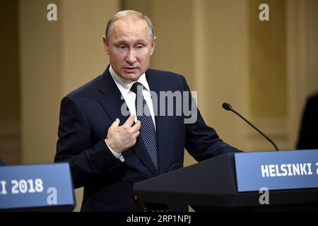 (180716) -- HELSINKI, 16 juillet 2018 -- le président russe Vladimir Poutine s'exprime lors d'une conférence de presse conjointe avec le président américain Donald Trump (absent de la photo) à Helsinki, Finlande, le 16 juillet 2018. Donald Trump et Vladimir Poutine ont commencé leur première réunion bilatérale lundi. FINLANDE-HELSINKI-États-Unis-TRUMP-RUSSIE-POUTINE-CONFÉRENCE DE PRESSE Lehtikuva/AnttixAimo-Koivisto PUBLICATIONxNOTxINxCHN Banque D'Images