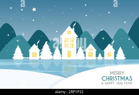 Village d'hiver dans le style de coupe de papier. Joyeux noël et bonne année. Fond de Noël, carte de voeux. Vecteur Illustration de Vecteur