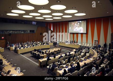 (180718) -- NATIONS UNIES, 18 juillet 2018 -- une photo prise le 18 juillet 2018 montre un événement de l'Assemblée générale des Nations Unies à l'occasion de la Journée Mandela au siège de l'ONU à New York. Le Secrétaire général de l'ONU Antonio Guterres a appelé mercredi le monde à s'inspirer de l'ancien Président sud-africain Nelson Mandela pour construire un avenir meilleur. Mandela Day, ou Journée internationale Nelson Mandela, est une journée internationale annuelle en l'honneur de Nelson Mandela, célébrée le 18 juillet, son anniversaire. Cette année marque le centenaire de la naissance de Mandela. ) ONU-ASSEMBLÉE GÉNÉRALE-MANDELA DAY LIXMUZI PUBLICA Banque D'Images