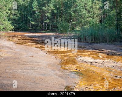 Boue colorée au ruisseau coulant vers le lac poisooned dans l'ancienne mine à ciel ouvert à Leknica Muskau, Pologne Banque D'Images