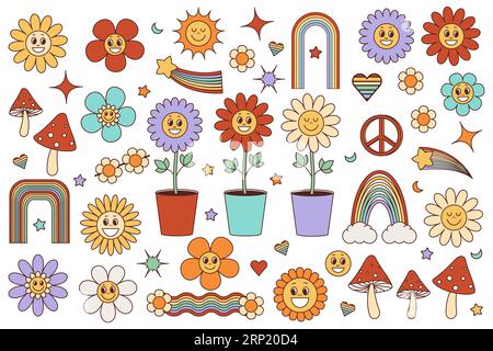 Ensemble groovy hippie d'éléments. Fleurs arc-en-ciel amusantes et champignons dans le style des années 1970. Pack d'autocollants dans le style clipart psychédélique rétro. Illustration vectorielle Illustration de Vecteur