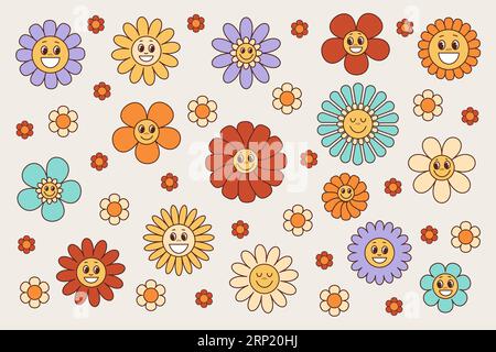 Rhetor Groove fleurs sourire ensemble 1970 style, Collection Vintage de fleurs avec des visages mignons enfants autocollants, icônes vectorielles 60 Illustration de Vecteur