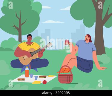 Les gens dans le parc. Vacances d'été et pique-nique. Un homme joue de la guitare, une fille mange une pomme. Illustration vectorielle plate Illustration de Vecteur