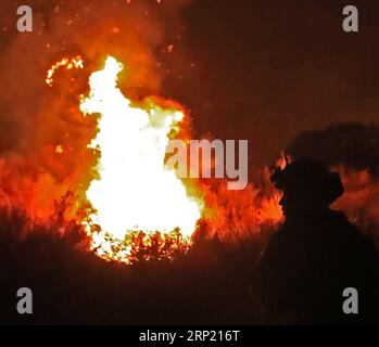 (180810) -- LAC ELSINORE, 10 août 2018 -- Un pompier surveille les incendies de forêt dans la forêt nationale de Cleveland, au lac Elsinore, Californie, États-Unis, le 9 août 2018. Des dizaines de feux de forêt brûlent actuellement en Californie. )(dh) U.S.-CALIFORNIA-WILDFIRE LixYing PUBLICATIONxNOTxINxCHN Banque D'Images