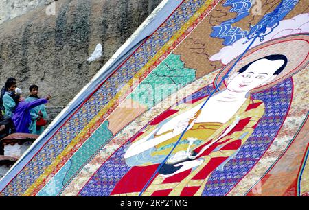 (180811) -- LHASSA, 11 août 2018 -- les gens jettent hada, une écharpe cérémonielle en soie, vers la peinture Thangka pendant le soleil traditionnel de la cérémonie du Bouddha au monastère de Drepung à Lhassa, capitale de la région autonome du Tibet du sud-ouest de la Chine, le 11 août 2018. Les célébrations du traditionnel festival de Shoton, ou festival du yaourt, ont commencé à Lhassa samedi. Cette année, l'événement mettra en vedette le soleil traditionnel des cérémonies du Bouddha, avec d'énormes peintures Thangka portant l'image du Bouddha exposées sur les collines près des monastères de Drepung et de sera, ainsi que des spectacles d'opéra tibétain Banque D'Images