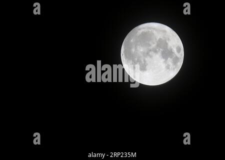 Grande pleine lune, blanche. La lune super bleue du 30 au 31 août a été largement photographiée dans le monde entier. Dans le sud de l'Angleterre, j'étais limité par mon emplacement dans une zone bâtie, dans les photos que je pouvais prendre. La lune n'était pas visible à mon emplacement jusqu'à environ 2200 heures le 30 août. À 0100 heures le 31, le ciel s'est couvert de nuages et a ainsi terminé une soirée frustrante car le temps optimal d'observation de la lune sur la côte sud de l'Angleterre, était de 0235 heures. La prochaine lune de ce genre sera en 2037. Banque D'Images