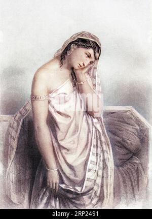 Sarah, la femme d'Abraham. Vieille illustration colorée gravée du 19e siècle de Mugeres de la Biblia par Joaquin Roca y Cornet 1862 Banque D'Images