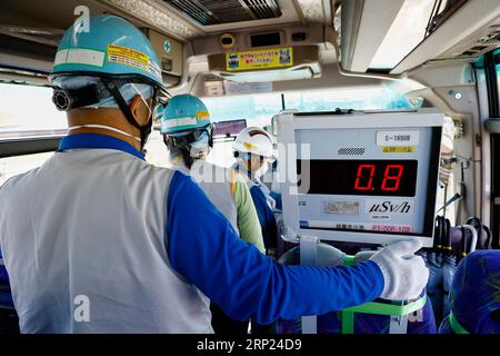 Futaba, Japon. 3 septembre 2023. Les médias étrangers visitent les installations de dilution/rejet de l'eau traitée DANS LES ALPES et les installations connexes lors d'une visite à la centrale nucléaire de Fukushima Daiichi, dans le nord-est du Japon. Une visite de presse guidée par le personnel de Tepco a expliqué le processus de dilution et de surveillance des eaux usées radioactives traitées avant le rejet à la mer de la centrale électrique, géré par Tokyo Electric Power Company (image de crédit : © Rodrigo Reyes Marin/ZUMA Press Wire) À USAGE ÉDITORIAL UNIQUEMENT! Non destiné à UN USAGE commercial ! Banque D'Images