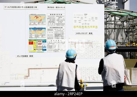 Futaba, Japon. 3 septembre 2023. Les médias étrangers visitent les réservoirs de stockage de l’eau traitée PAR LES ALPES à la centrale nucléaire de Fukushima Daiichi, dans le nord-est du Japon. Une visite de presse guidée par le personnel de Tepco a expliqué le processus de dilution et de surveillance des eaux usées radioactives traitées avant le rejet à la mer de la centrale électrique, géré par Tokyo Electric Power Company (image de crédit : © Rodrigo Reyes Marin/ZUMA Press Wire) À USAGE ÉDITORIAL UNIQUEMENT! Non destiné à UN USAGE commercial ! Banque D'Images