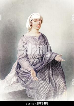 Abishag était une belle jeune femme de Shunem choisie pour aider et servir le roi David dans sa vieillesse. Vieille illustration colorée gravée du 19e siècle de Mugeres de la Biblia par Joaquin Roca y Cornet 1862 Banque D'Images