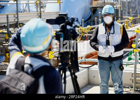 Futaba, Japon. 3 septembre 2023. Les médias étrangers visitent les installations de dilution/rejet de l'eau traitée DANS LES ALPES et les installations connexes lors d'une visite à la centrale nucléaire de Fukushima Daiichi, dans le nord-est du Japon. Une visite de presse guidée par le personnel de Tepco a expliqué le processus de dilution et de surveillance des eaux usées radioactives traitées avant le rejet à la mer de la centrale électrique, géré par Tokyo Electric Power Company (image de crédit : © Rodrigo Reyes Marin/ZUMA Press Wire) À USAGE ÉDITORIAL UNIQUEMENT! Non destiné à UN USAGE commercial ! Banque D'Images