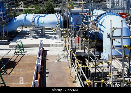 Futaba, Japon. 3 septembre 2023. Les installations de dilution/rejet de l’eau traitée DANS LES ALPES et les installations connexes sont photographiées lors d’une visite de la centrale nucléaire de Fukushima Daiichi, dans le nord-est du Japon. Une visite de presse guidée par le personnel de Tepco a expliqué le processus de dilution et de surveillance des eaux usées radioactives traitées avant le rejet à la mer de la centrale électrique, géré par Tokyo Electric Power Company (image de crédit : © Rodrigo Reyes Marin/ZUMA Press Wire) À USAGE ÉDITORIAL UNIQUEMENT! Non destiné à UN USAGE commercial ! Banque D'Images