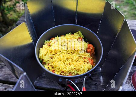 Riz au curcuma dans une casserole, ragoût sur une cuisinière de camping avec coupe-vent, cuisinière à gaz, cuisine extérieure facile, extérieur, Angleterre, grande-Bretagne Banque D'Images