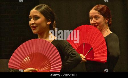 (180825) -- ALBUQUERQUE (États-Unis), 25 août 2018 -- des danseurs Yjastro interprètent le flamenco dans la vieille ville d'Albuquerque, Nouveau-Mexique, États-Unis, le 20 août 2018. Le flamenco, la musique folklorique traditionnelle du sud de l'Espagne, jouit d'une popularité exceptionnellement large dans le sud-ouest des États-Unis. Yjastros, l'American Flamenco Repertory Company, a une approche révolutionnaire qui combine l'improvisation structurée du flamenco traditionnel espagnol avec la danse moderne du répertoire américain. Etats-Unis-NOUVEAU MEXIQUE-FLAMENCO RichardxLakin PUBLICATIONxNOTxINxCHN Banque D'Images