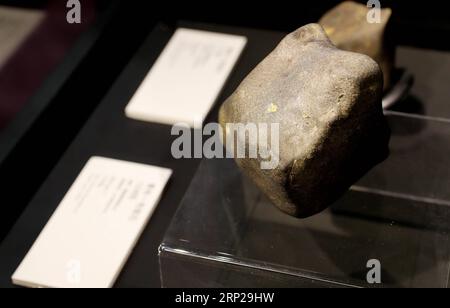 (180825) -- SHANGHAI, 25 août 2018 (Xinhua) -- une photo prise le 25 août 2018 montre une météorite exposée lors d'une conférence de presse tenue par le Planétarium de Shanghai dans l'est de la Chine à Shanghai. Le Planétarium de Shanghai a annoncé samedi son intention d'abriter des météorites récupérées d'une boule de feu météorique qui s'est produite au-dessus du ciel dans la ville de Jinghong, dans la province du Yunnan, au sud-ouest de la Chine, en juin. Le planétarium, qui est en construction, sera une branche du Musée des sciences et de la technologie de Shanghai. Le personnel du musée a réussi à récupérer plus de 500 morceaux de météorites, environ 50 kg au total, a déclaré Lin Qing, Banque D'Images