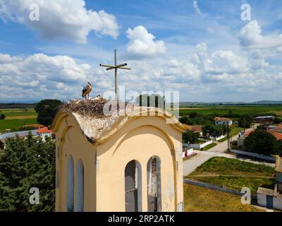 Vue aérienne, nid de cigogne sur le toit de la tour de l'église, village de cigogne Poros, Feres, Alexandroupoli, Evros, Macédoine orientale et Thrace, Grèce Banque D'Images