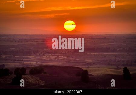 (180828) -- QITAI, 28 août 2018 -- la photo prise le 25 août 2018 montre le coucher du soleil sur le champ de blé dans un parc agricole du comté autonome kazak de Mori, dans la région autonome ouygur du Xinjiang, au nord-ouest de la Chine. )(wsw) CHINE-XINJIANG-MORI-BLÉ (CN) ZhaoxGe PUBLICATIONxNOTxINxCHN Banque D'Images