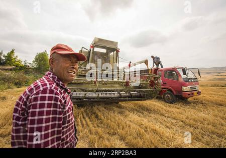 (180828) -- QITAI, 28 août 2018 -- Shi Shengqi observe une moissonneuse-batteuse ramasser du blé dans un lieu pittoresque de Jiangbulake, dans le comté de Qitai, dans le nord-ouest de la Chine, région autonome ouïgour du Xinjiang, 27 août 2018. )(wsw) CHINE-XINJIANG-RÉCOLTE DE BLÉ (CN) ZhaoxGe PUBLICATIONxNOTxINxCHN Banque D'Images