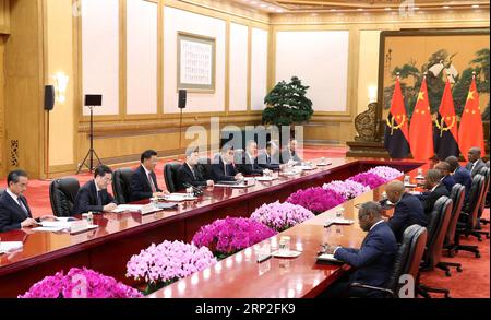 (180902) -- BEIJING, 2 septembre 2018 -- le président chinois Xi Jinping rencontre le président angolais Joao Lourenco au Grand Hall du peuple à Beijing, capitale de la Chine, le 2 septembre 2018. )(MCG) CHINE-BEIJING-XI RÉUNION DU PRÉSIDENT JINPING-ANGOLAIS (CN) YaoxDawei PUBLICATIONxNOTxINxCHN Banque D'Images