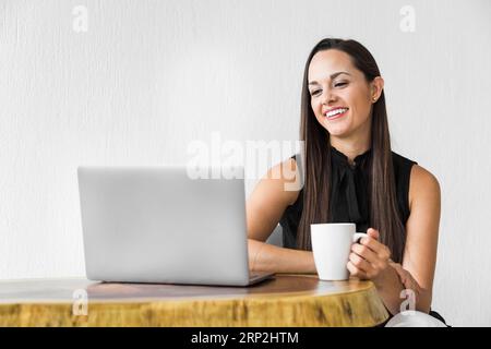 Femme souriant vérifiant son ordinateur portable Banque D'Images