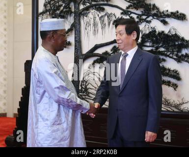 (180905) -- PÉKIN, le 5 septembre 2018 -- Li Zhanshu (à droite), président du Comité permanent du Congrès national du peuple, rencontre le président tchadien Idriss Deby Itno au Grand Hall du peuple à Beijing, capitale de la Chine, le 5 septembre 2018. )(MCG) CHINA-BEIJING-LI ZHANSHU-TCHADIEN PRESIDENT-MEETING (CN) LiuxWeibing PUBLICATIONxNOTxINxCHN Banque D'Images