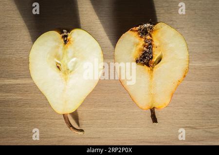 Poires endommagées sur la table en bois. Pois avec mouche sur la planche à découper. Bon et mauvais. Agriculture d'automne. Concept de différence. Nourriture crue. Tranches de poire douce. Banque D'Images