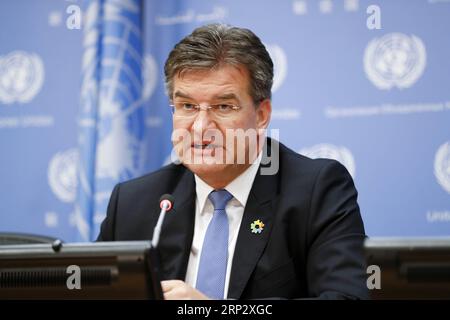 (180913) -- NATIONS UNIES, 13 septembre 2018 -- Miroslav Lajcak, président de la 72e session de l'Assemblée générale des Nations Unies, prend la parole lors de son point de presse de fin de présidence, au siège des Nations Unies à New York, le 13 septembre 2018. S’adressant aux journalistes jeudi lors du point de presse de fin de présidence, le président de la 72e session de l’AGNU, Miroslav Lajcak, a déclaré qu’il croyait que les dirigeants mondiaux et les représentants nationaux de haut niveau parleraient, comme ils l’ont fait en septembre dernier, du changement climatique et des objectifs de développement durable (ODD), entre autres choses au prochain General de Banque D'Images